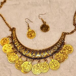 Elegant Gold Coin Necklace and Earring Set